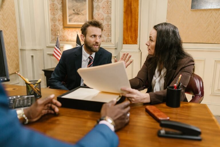 Lawyer discussing a case with a client.