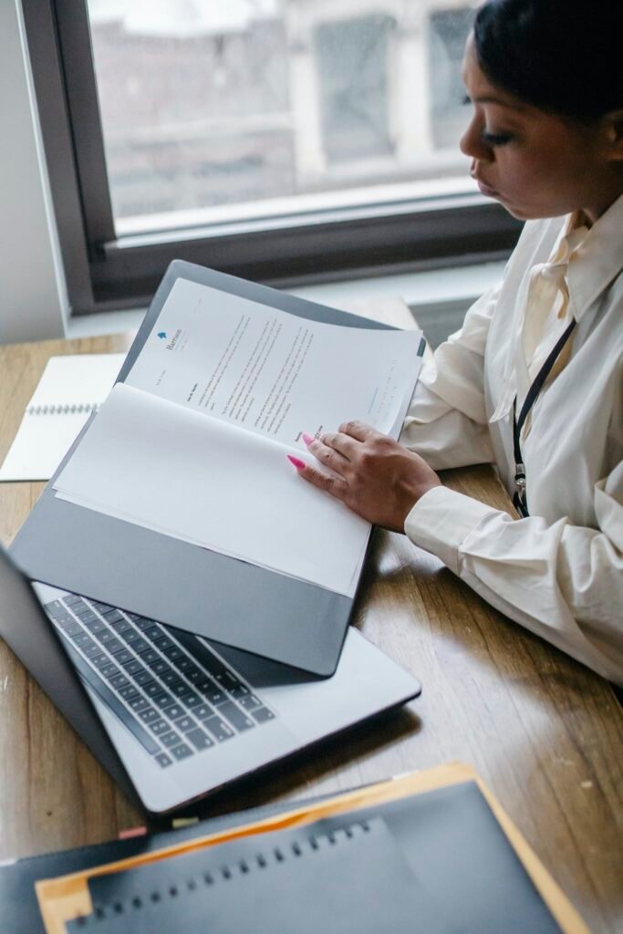 Professional woman reviewing arbitration documents.